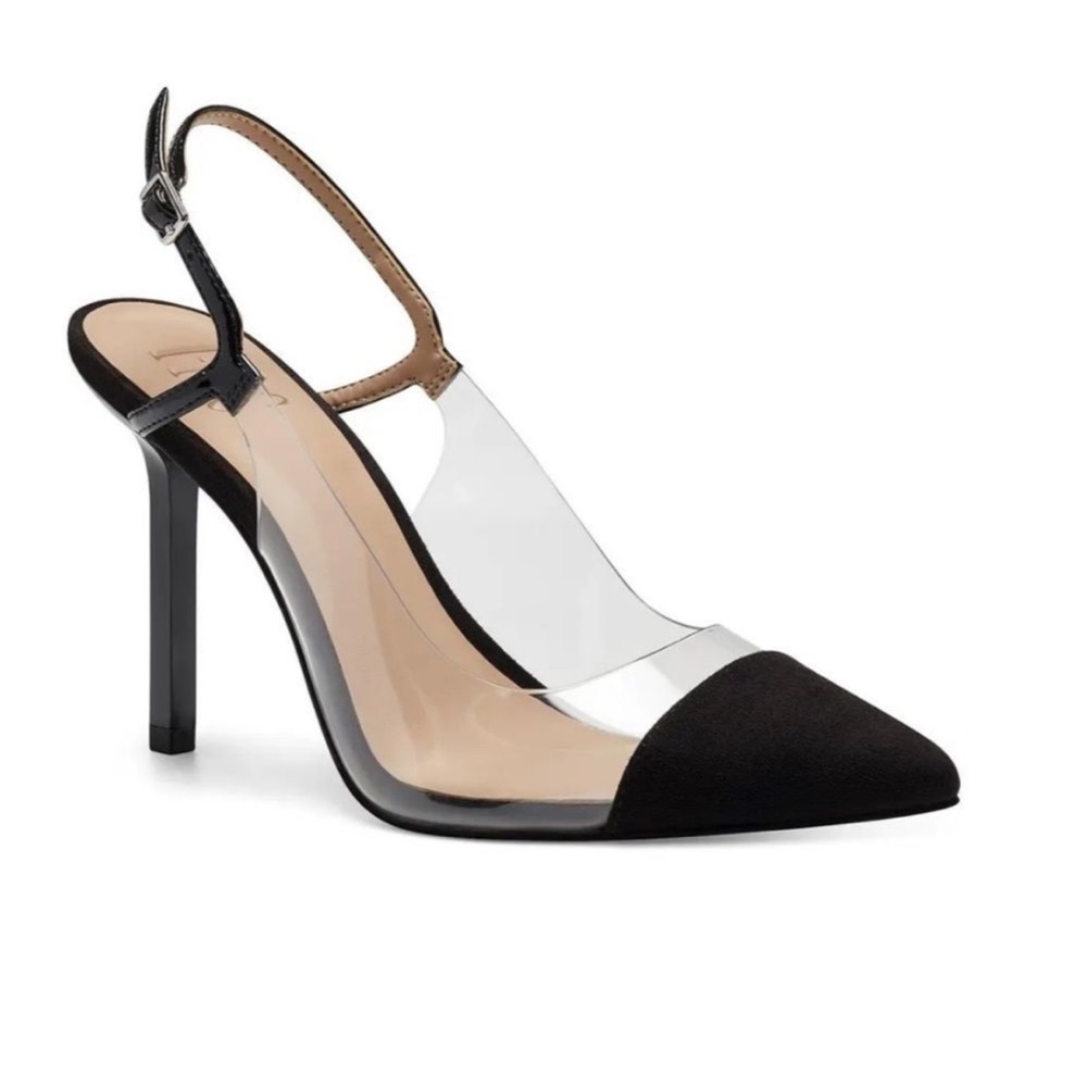 INC clear/black slingback pumps